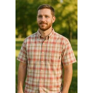 Columbia Mens XL Red Tan‎ Plaid Regular Fit Outdoors Casual Travel Button Shirt